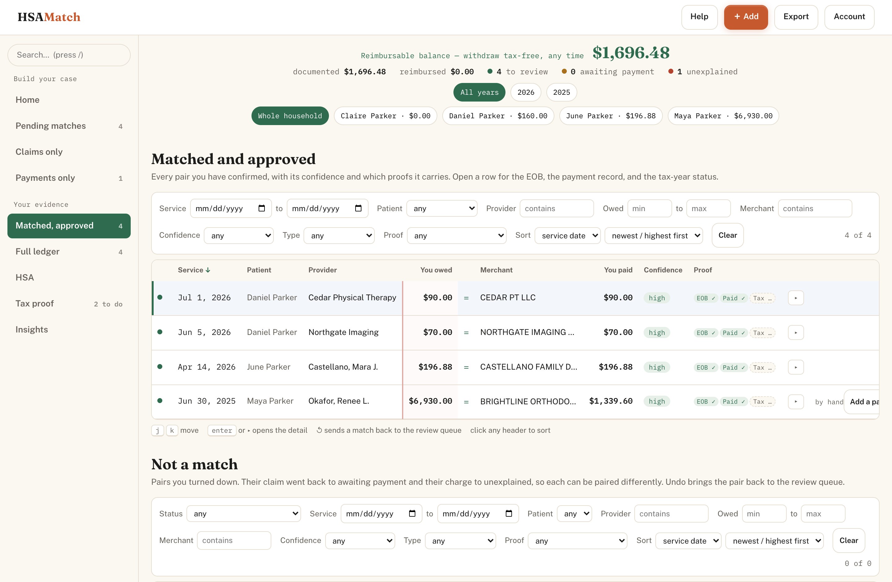 Matched and approved expenses, one of them a payment plan showing five of twenty-six installments paid