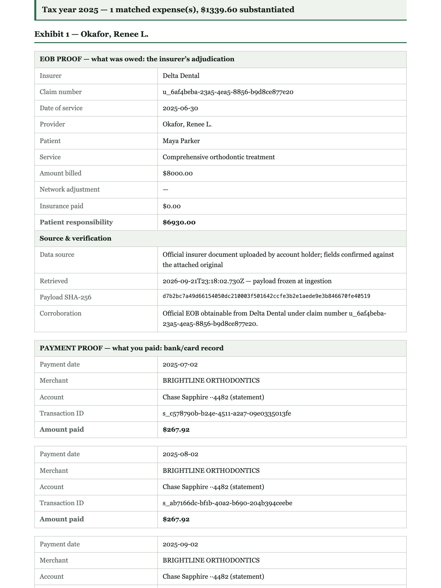 A page of the audit packet: EOB proof and payment proof tables for one exhibit