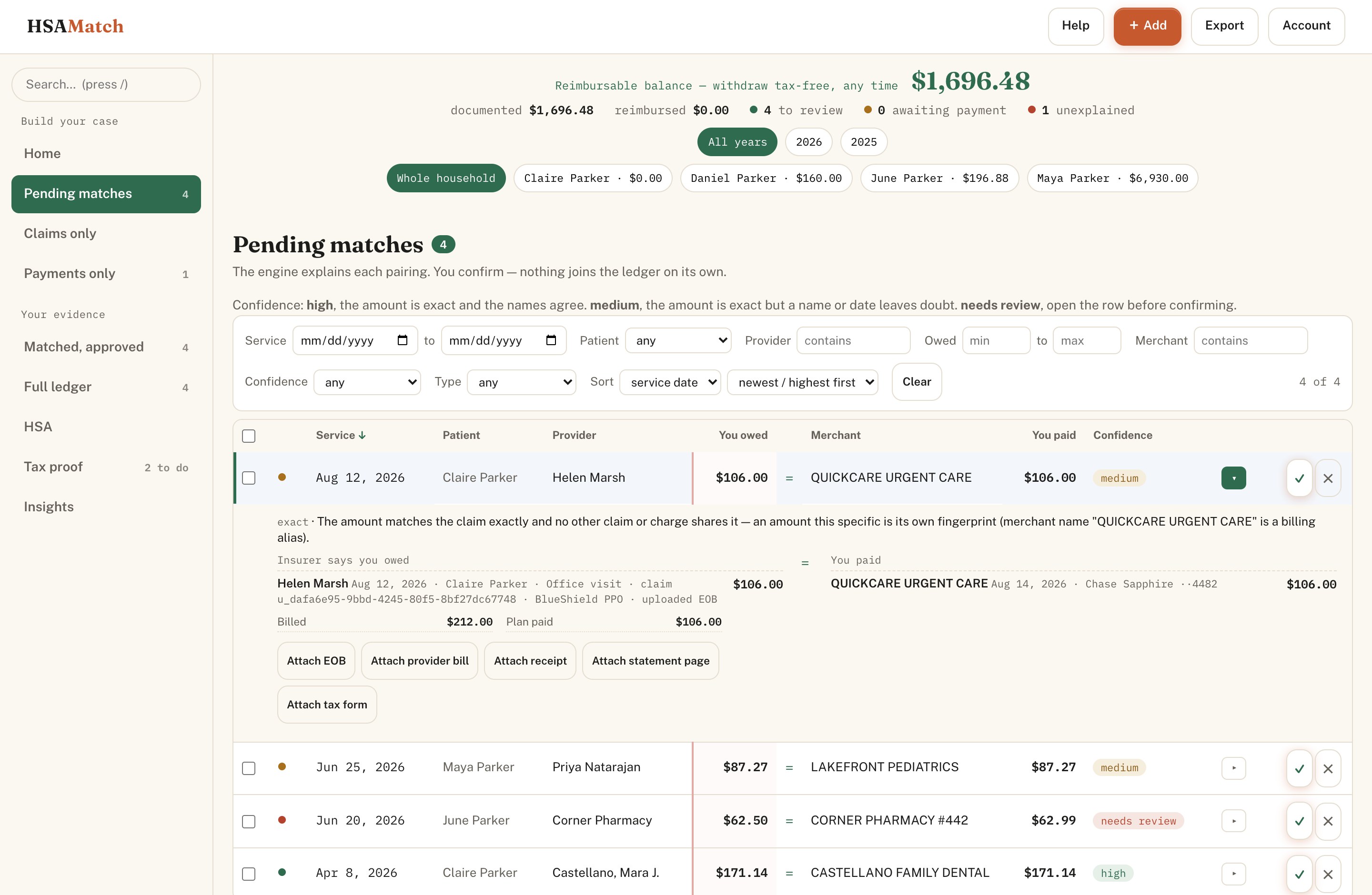 The pending matches screen: each proposed pairing shows what the insurer said you owed beside what you paid, with a confidence and the engine's reason